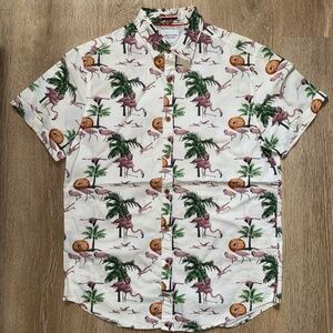 Denim & Flower Men’s Short Sleeve Graphic Button Down | M | Palm Flamingos Print
